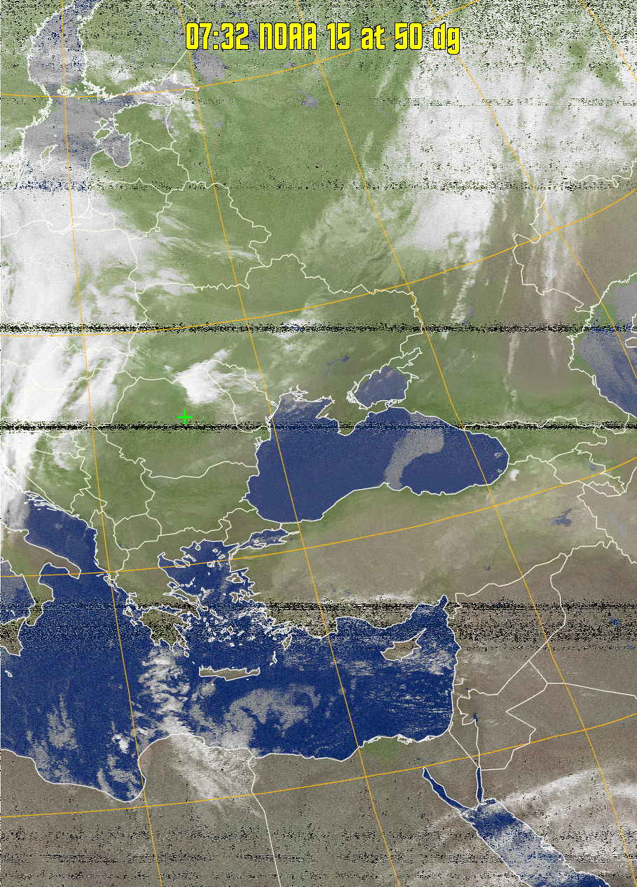 MCIR-precip: 
Colours the NOAA sensor 4 IR image using a map to colour the sea blue and land
green. High clouds appear white, lower clouds gray or land/sea coloured, clouds
generally appear lighter, but distinguishing between land/sea and low cloud may
be difficult. Darker colours indicate warmer regions.