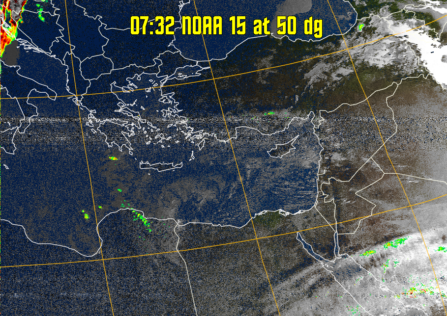 MSA-precip:
Same as MSA multispectral analysis, but high cold cloud tops are coloured the
same as the NO enhancement to give an approximate indication of the probability
and intensity of precipitation.