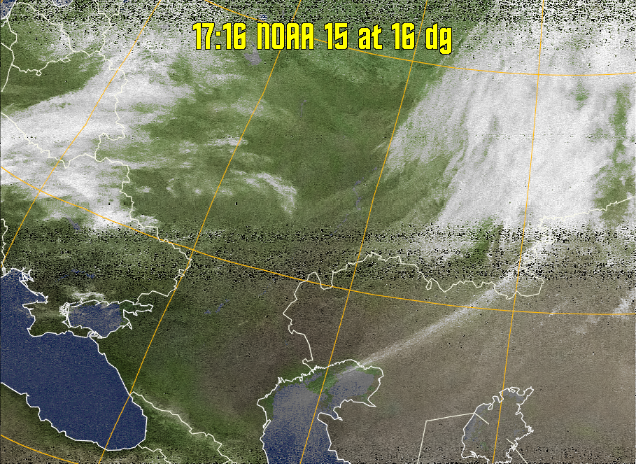 MCIR-precip: 
Colours the NOAA sensor 4 IR image using a map to colour the sea blue and land
green. High clouds appear white, lower clouds gray or land/sea coloured, clouds
generally appear lighter, but distinguishing between land/sea and low cloud may
be difficult. Darker colours indicate warmer regions.