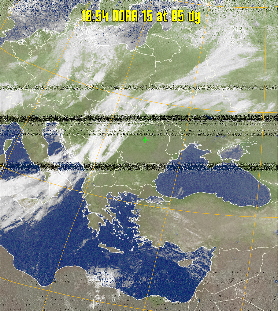 MCIR-precip: 
Colours the NOAA sensor 4 IR image using a map to colour the sea blue and land
green. High clouds appear white, lower clouds gray or land/sea coloured, clouds
generally appear lighter, but distinguishing between land/sea and low cloud may
be difficult. Darker colours indicate warmer regions.