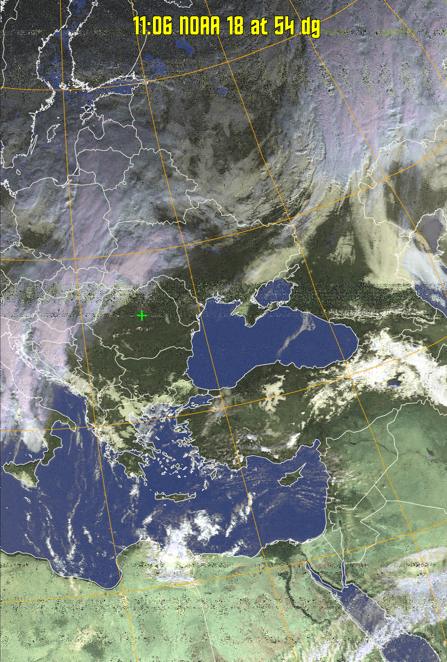 HVCT:
Similar to HVC, but with blue water and with colours more indicative of
land temperatures.
HVC:
Creates a false colour image from NOAA APT images based on temperature using
the HVC colour model. Uses the temperature derived from the sensor 4 image to
select the hue and the brightness from the histogram equalised other image to
select the value and chroma. The HVC colour model attempts to ensure that different colours at the same value will appear to the eye to be the same brightness
and the spacing between colours representing each degree will appear to the eye to
be similar. Bright areas are completely unsaturated in this model.