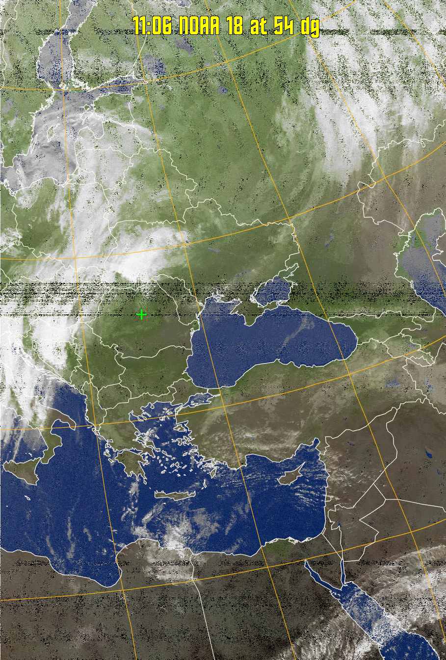 MCIR-precip: 
Colours the NOAA sensor 4 IR image using a map to colour the sea blue and land
green. High clouds appear white, lower clouds gray or land/sea coloured, clouds
generally appear lighter, but distinguishing between land/sea and low cloud may
be difficult. Darker colours indicate warmer regions.