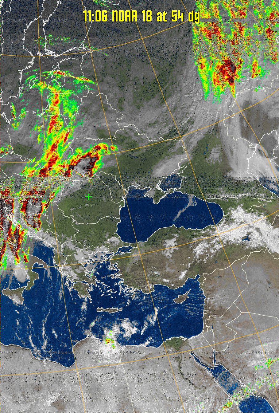 MSA-precip:
Same as MSA multispectral analysis, but high cold cloud tops are coloured the
same as the NO enhancement to give an approximate indication of the probability
and intensity of precipitation.