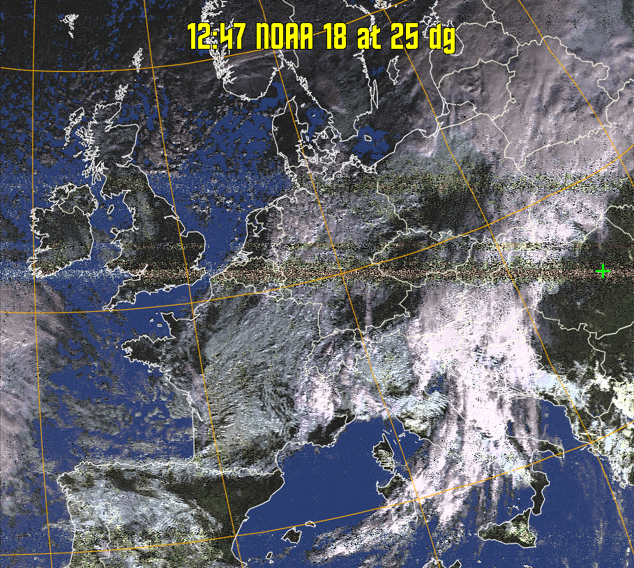 HVCT:
Similar to HVC, but with blue water and with colours more indicative of
land temperatures.
HVC:
Creates a false colour image from NOAA APT images based on temperature using
the HVC colour model. Uses the temperature derived from the sensor 4 image to
select the hue and the brightness from the histogram equalised other image to
select the value and chroma. The HVC colour model attempts to ensure that different colours at the same value will appear to the eye to be the same brightness
and the spacing between colours representing each degree will appear to the eye to
be similar. Bright areas are completely unsaturated in this model.