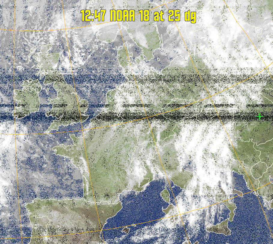 MCIR-precip: 
Colours the NOAA sensor 4 IR image using a map to colour the sea blue and land
green. High clouds appear white, lower clouds gray or land/sea coloured, clouds
generally appear lighter, but distinguishing between land/sea and low cloud may
be difficult. Darker colours indicate warmer regions.