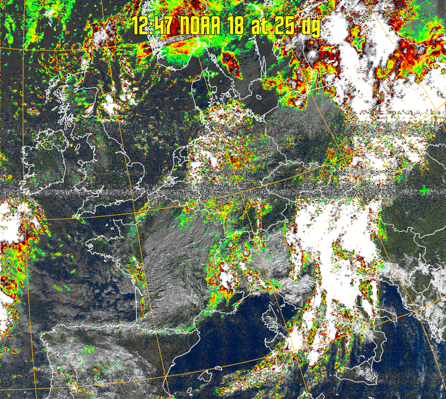 MSA-precip:
Same as MSA multispectral analysis, but high cold cloud tops are coloured the
same as the NO enhancement to give an approximate indication of the probability
and intensity of precipitation.