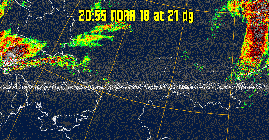 MSA-precip:
Same as MSA multispectral analysis, but high cold cloud tops are coloured the
same as the NO enhancement to give an approximate indication of the probability
and intensity of precipitation.