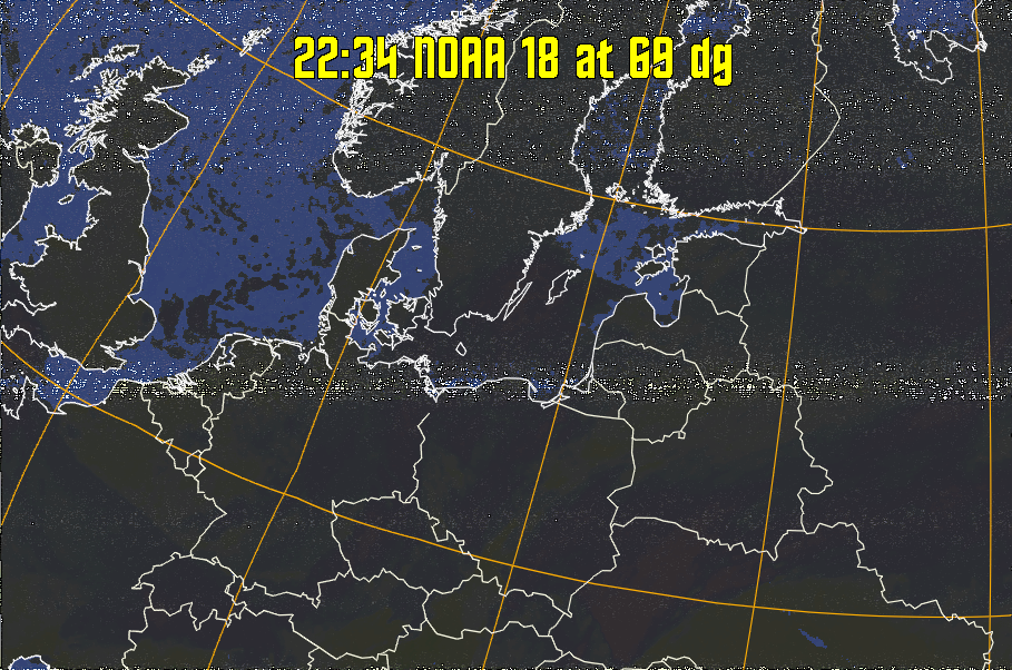 HVCT:
Similar to HVC, but with blue water and with colours more indicative of
land temperatures.
HVC:
Creates a false colour image from NOAA APT images based on temperature using
the HVC colour model. Uses the temperature derived from the sensor 4 image to
select the hue and the brightness from the histogram equalised other image to
select the value and chroma. The HVC colour model attempts to ensure that different colours at the same value will appear to the eye to be the same brightness
and the spacing between colours representing each degree will appear to the eye to
be similar. Bright areas are completely unsaturated in this model.