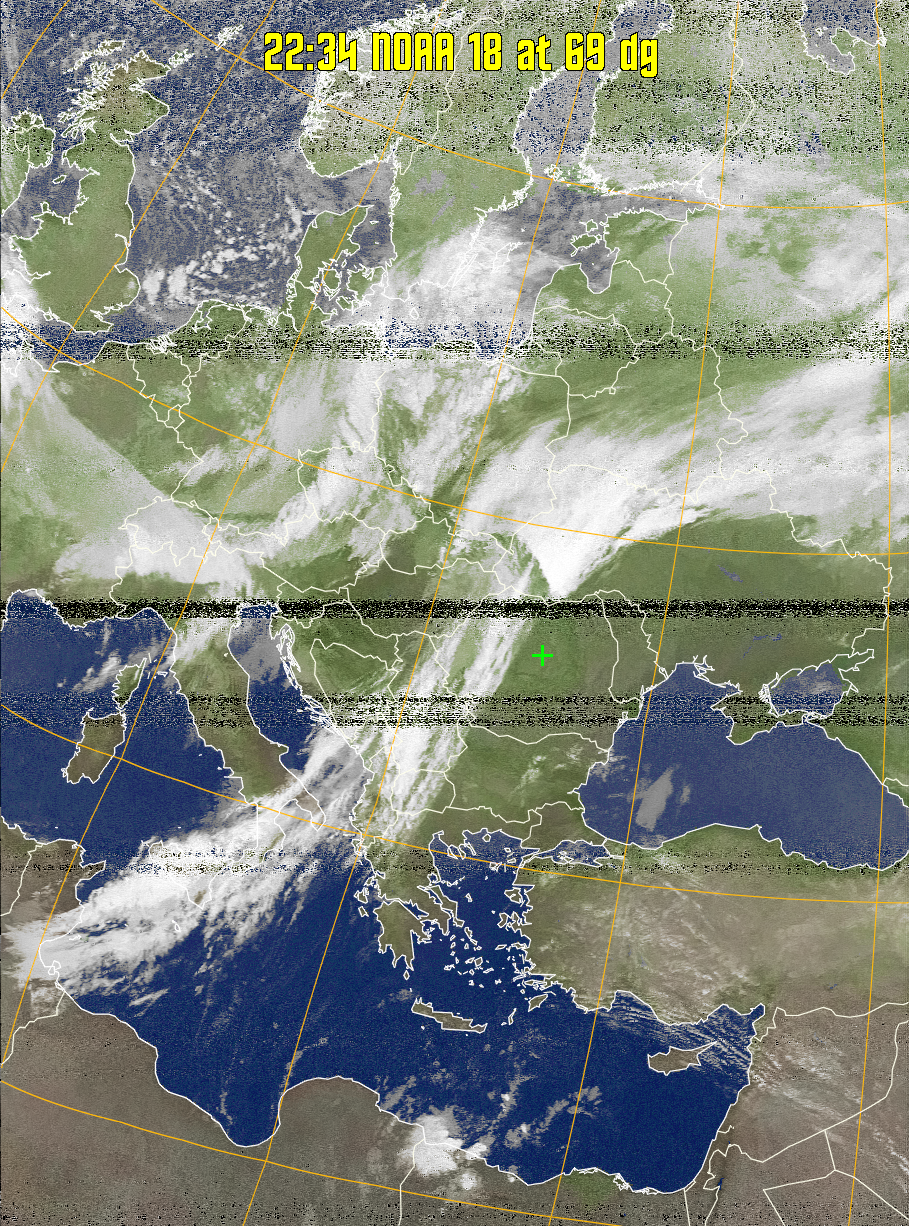 MCIR-precip: 
Colours the NOAA sensor 4 IR image using a map to colour the sea blue and land
green. High clouds appear white, lower clouds gray or land/sea coloured, clouds
generally appear lighter, but distinguishing between land/sea and low cloud may
be difficult. Darker colours indicate warmer regions.