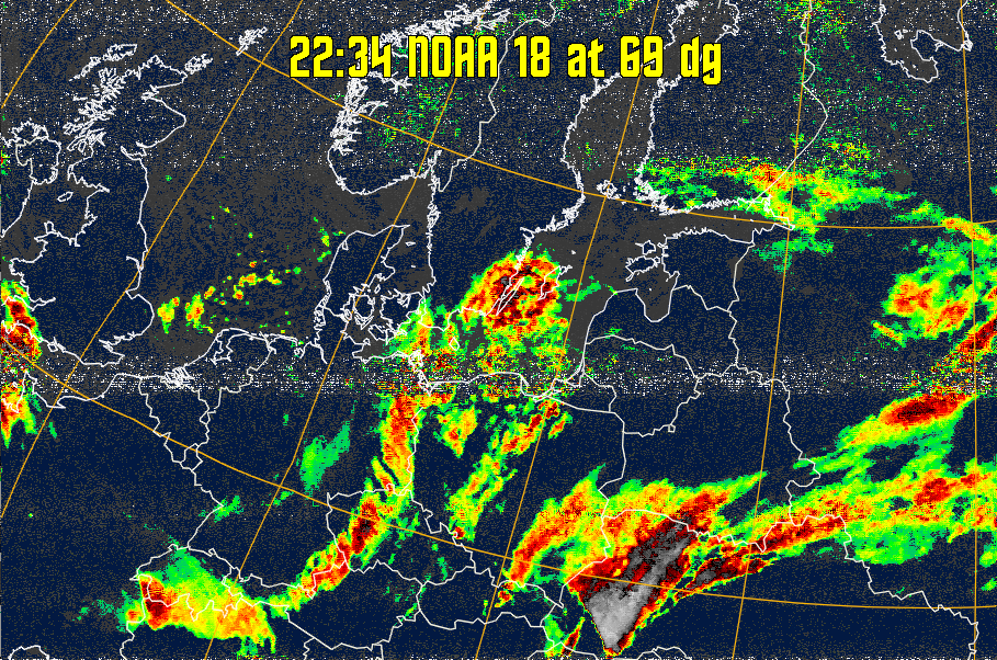 MSA-precip:
Same as MSA multispectral analysis, but high cold cloud tops are coloured the
same as the NO enhancement to give an approximate indication of the probability
and intensity of precipitation.