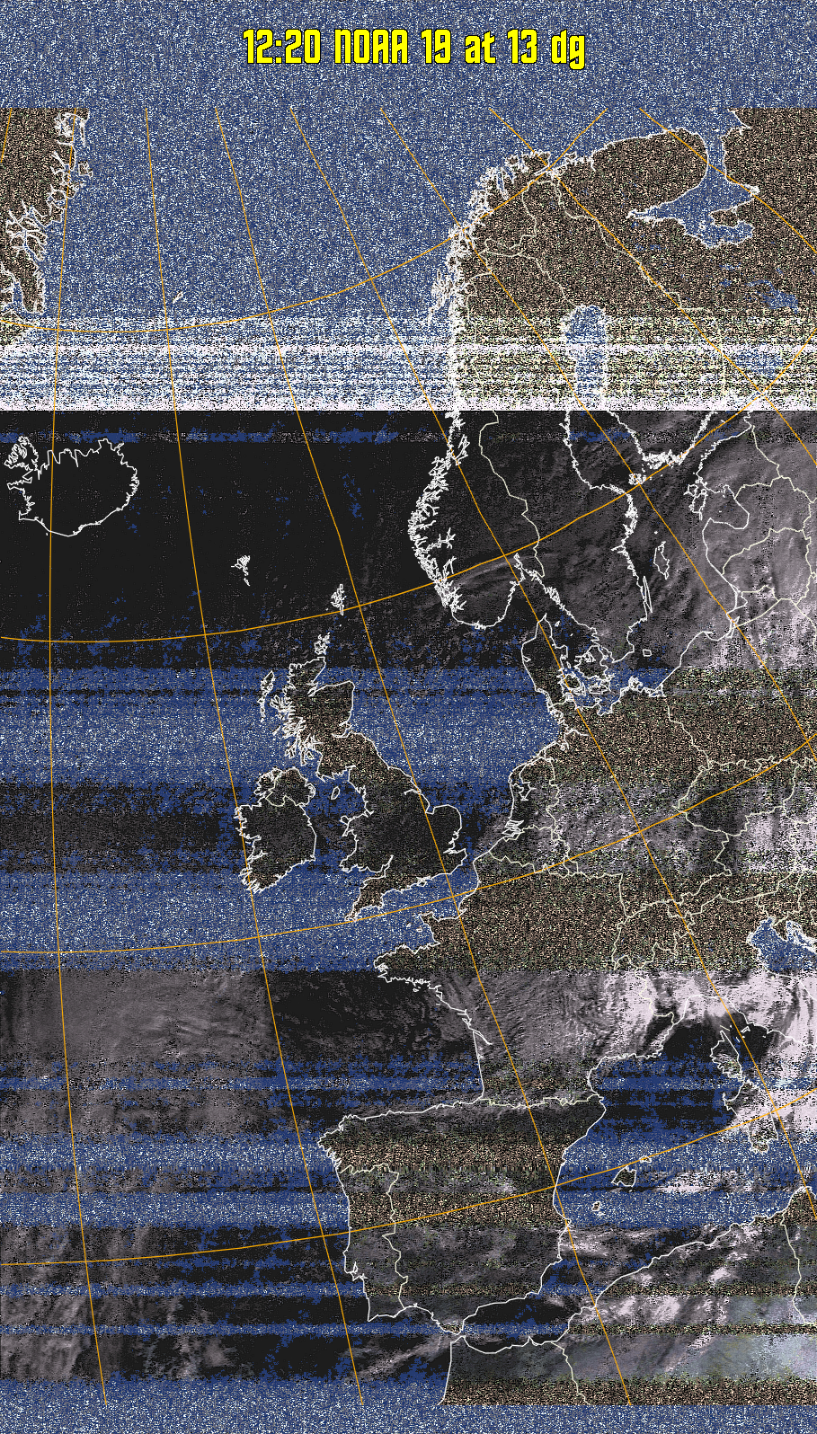 HVCT:
Similar to HVC, but with blue water and with colours more indicative of
land temperatures.
HVC:
Creates a false colour image from NOAA APT images based on temperature using
the HVC colour model. Uses the temperature derived from the sensor 4 image to
select the hue and the brightness from the histogram equalised other image to
select the value and chroma. The HVC colour model attempts to ensure that different colours at the same value will appear to the eye to be the same brightness
and the spacing between colours representing each degree will appear to the eye to
be similar. Bright areas are completely unsaturated in this model.