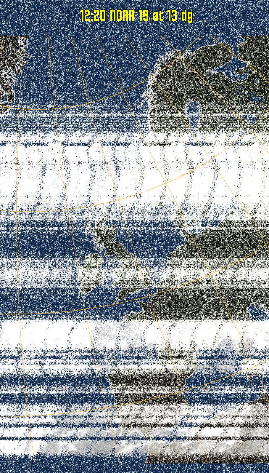 MCIR-precip: 
Colours the NOAA sensor 4 IR image using a map to colour the sea blue and land
green. High clouds appear white, lower clouds gray or land/sea coloured, clouds
generally appear lighter, but distinguishing between land/sea and low cloud may
be difficult. Darker colours indicate warmer regions.