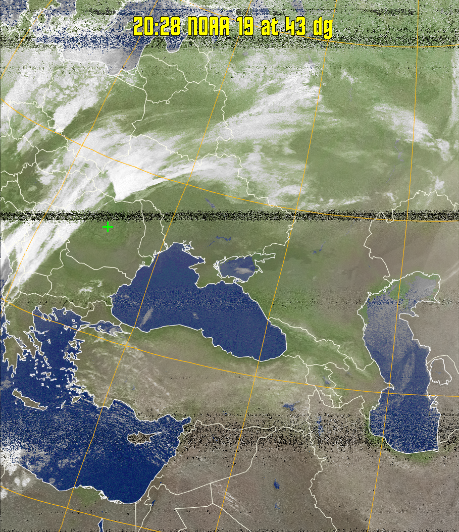 MCIR-precip: 
Colours the NOAA sensor 4 IR image using a map to colour the sea blue and land
green. High clouds appear white, lower clouds gray or land/sea coloured, clouds
generally appear lighter, but distinguishing between land/sea and low cloud may
be difficult. Darker colours indicate warmer regions.