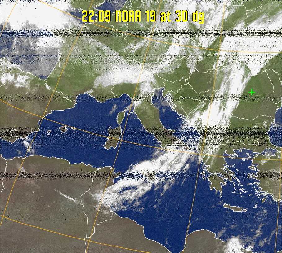 MCIR-precip: 
Colours the NOAA sensor 4 IR image using a map to colour the sea blue and land
green. High clouds appear white, lower clouds gray or land/sea coloured, clouds
generally appear lighter, but distinguishing between land/sea and low cloud may
be difficult. Darker colours indicate warmer regions.