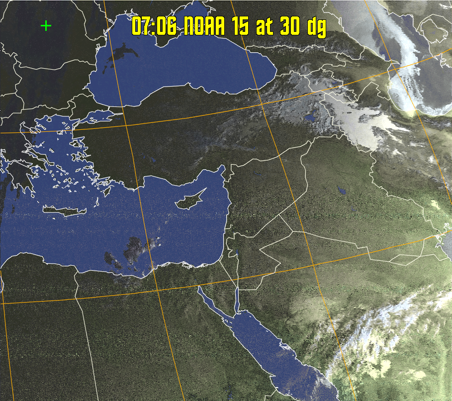 HVCT:
Similar to HVC, but with blue water and with colours more indicative of
land temperatures.
HVC:
Creates a false colour image from NOAA APT images based on temperature using
the HVC colour model. Uses the temperature derived from the sensor 4 image to
select the hue and the brightness from the histogram equalised other image to
select the value and chroma. The HVC colour model attempts to ensure that different colours at the same value will appear to the eye to be the same brightness
and the spacing between colours representing each degree will appear to the eye to
be similar. Bright areas are completely unsaturated in this model.