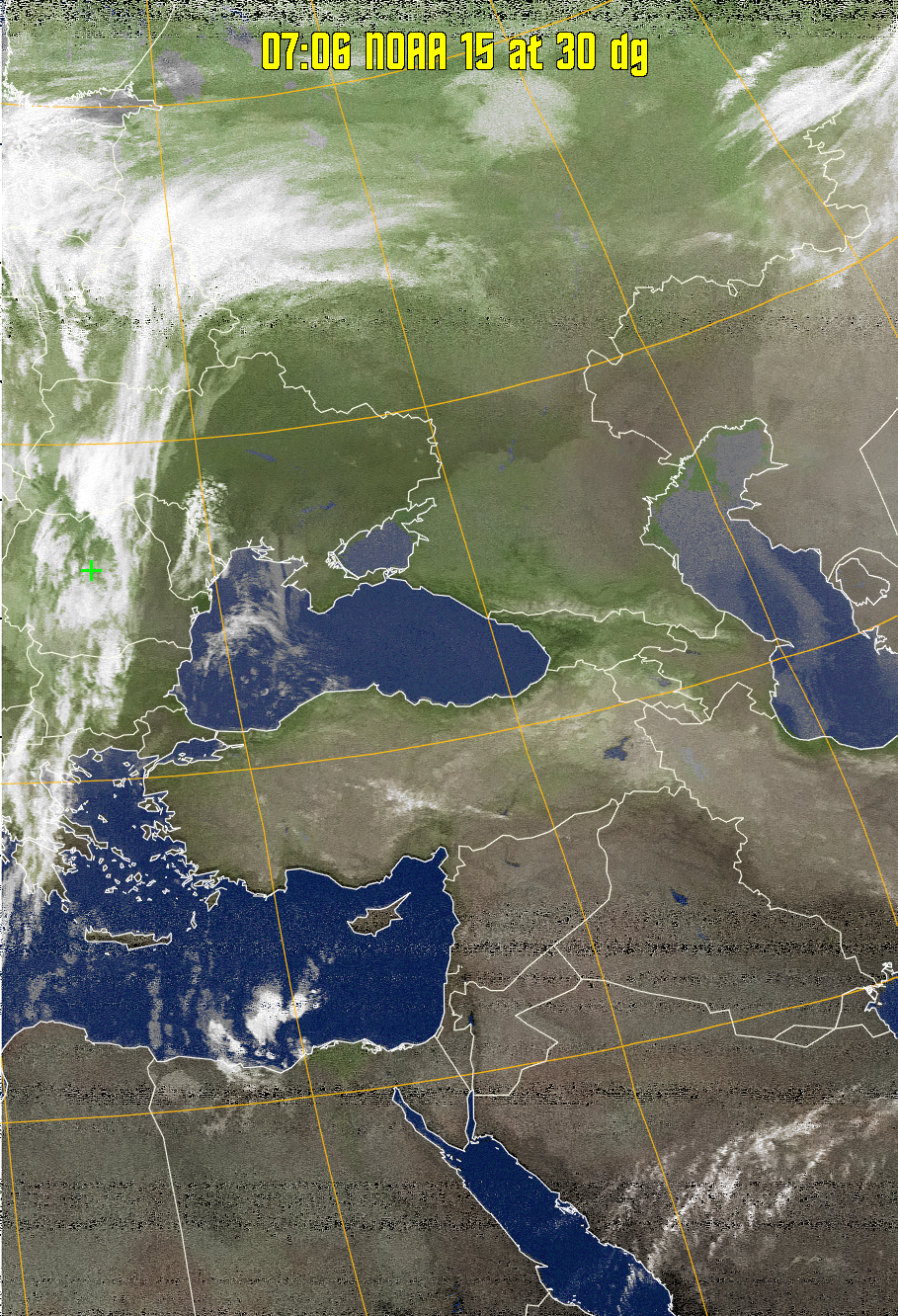 MCIR-precip: 
Colours the NOAA sensor 4 IR image using a map to colour the sea blue and land
green. High clouds appear white, lower clouds gray or land/sea coloured, clouds
generally appear lighter, but distinguishing between land/sea and low cloud may
be difficult. Darker colours indicate warmer regions.