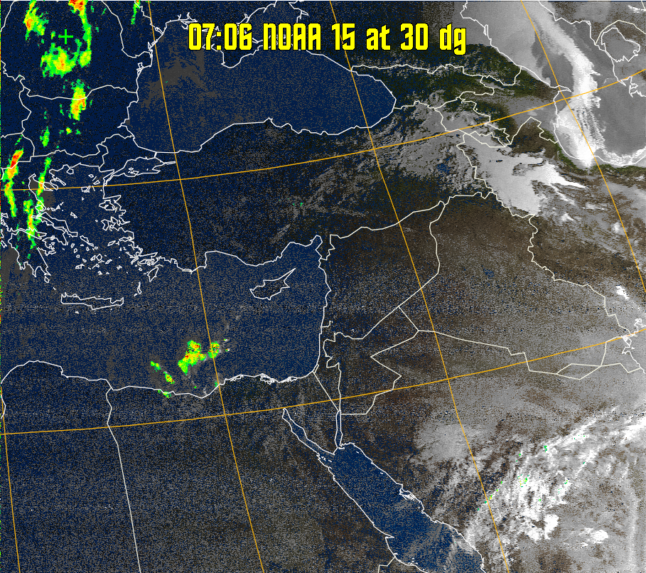 MSA-precip:
Same as MSA multispectral analysis, but high cold cloud tops are coloured the
same as the NO enhancement to give an approximate indication of the probability
and intensity of precipitation.