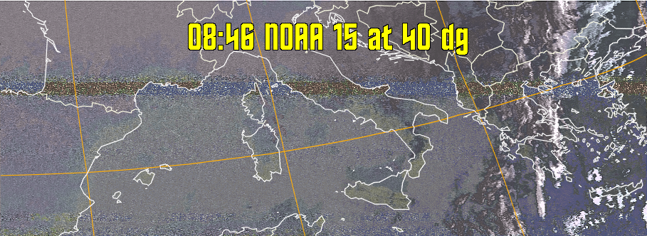 HVCT:
Similar to HVC, but with blue water and with colours more indicative of
land temperatures.
HVC:
Creates a false colour image from NOAA APT images based on temperature using
the HVC colour model. Uses the temperature derived from the sensor 4 image to
select the hue and the brightness from the histogram equalised other image to
select the value and chroma. The HVC colour model attempts to ensure that different colours at the same value will appear to the eye to be the same brightness
and the spacing between colours representing each degree will appear to the eye to
be similar. Bright areas are completely unsaturated in this model.