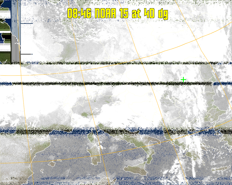 MCIR-precip: 
Colours the NOAA sensor 4 IR image using a map to colour the sea blue and land
green. High clouds appear white, lower clouds gray or land/sea coloured, clouds
generally appear lighter, but distinguishing between land/sea and low cloud may
be difficult. Darker colours indicate warmer regions.