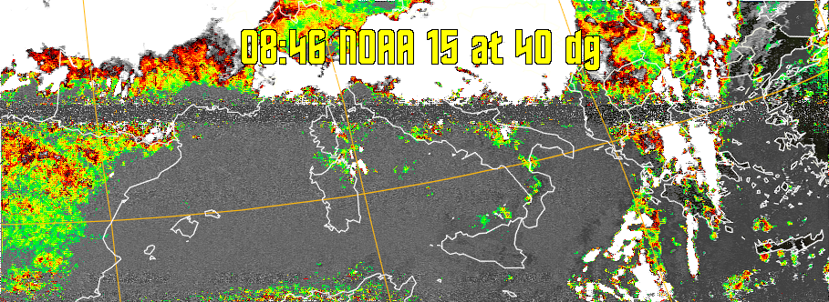 MSA-precip:
Same as MSA multispectral analysis, but high cold cloud tops are coloured the
same as the NO enhancement to give an approximate indication of the probability
and intensity of precipitation.