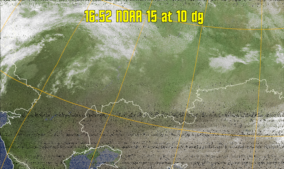 MCIR-precip: 
Colours the NOAA sensor 4 IR image using a map to colour the sea blue and land
green. High clouds appear white, lower clouds gray or land/sea coloured, clouds
generally appear lighter, but distinguishing between land/sea and low cloud may
be difficult. Darker colours indicate warmer regions.