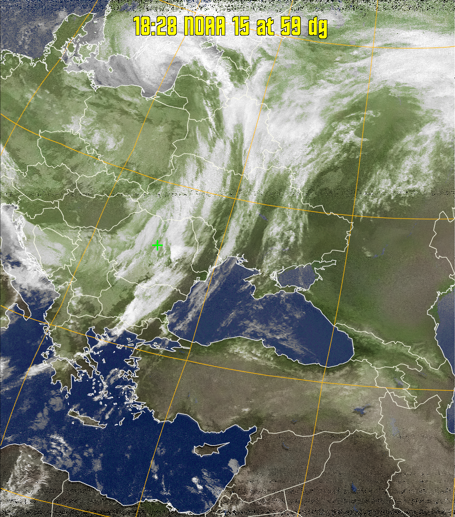 MCIR-precip: 
Colours the NOAA sensor 4 IR image using a map to colour the sea blue and land
green. High clouds appear white, lower clouds gray or land/sea coloured, clouds
generally appear lighter, but distinguishing between land/sea and low cloud may
be difficult. Darker colours indicate warmer regions.