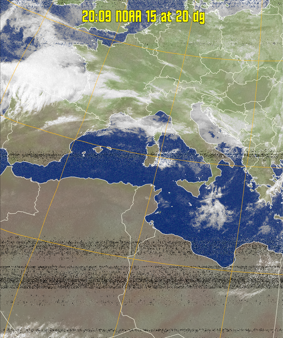 MCIR-precip: 
Colours the NOAA sensor 4 IR image using a map to colour the sea blue and land
green. High clouds appear white, lower clouds gray or land/sea coloured, clouds
generally appear lighter, but distinguishing between land/sea and low cloud may
be difficult. Darker colours indicate warmer regions.