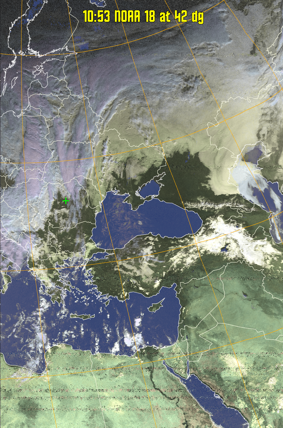 HVCT:
Similar to HVC, but with blue water and with colours more indicative of
land temperatures.
HVC:
Creates a false colour image from NOAA APT images based on temperature using
the HVC colour model. Uses the temperature derived from the sensor 4 image to
select the hue and the brightness from the histogram equalised other image to
select the value and chroma. The HVC colour model attempts to ensure that different colours at the same value will appear to the eye to be the same brightness
and the spacing between colours representing each degree will appear to the eye to
be similar. Bright areas are completely unsaturated in this model.