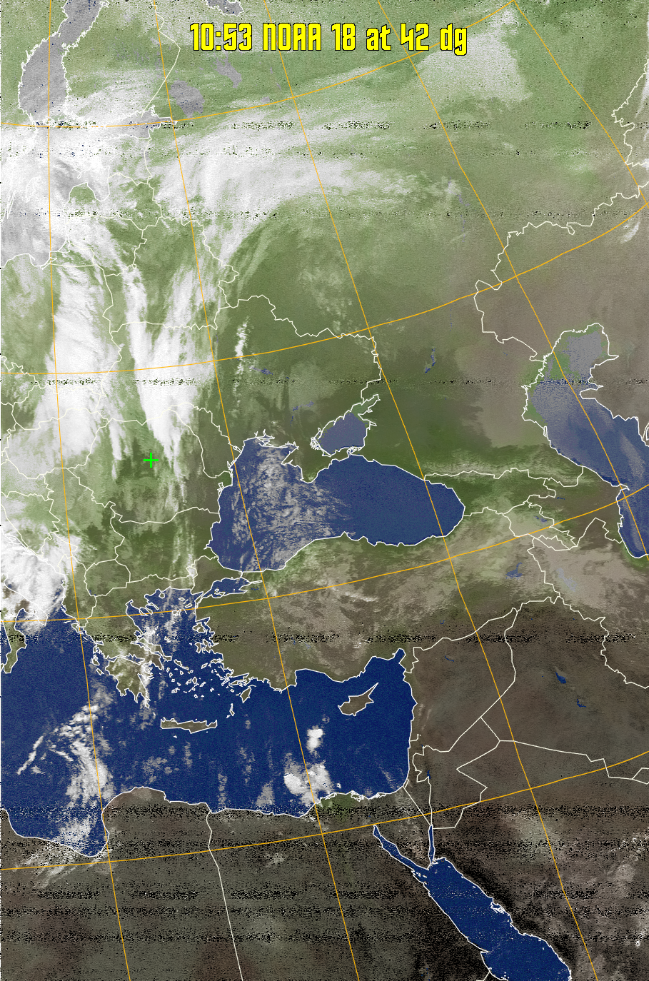 MCIR-precip: 
Colours the NOAA sensor 4 IR image using a map to colour the sea blue and land
green. High clouds appear white, lower clouds gray or land/sea coloured, clouds
generally appear lighter, but distinguishing between land/sea and low cloud may
be difficult. Darker colours indicate warmer regions.