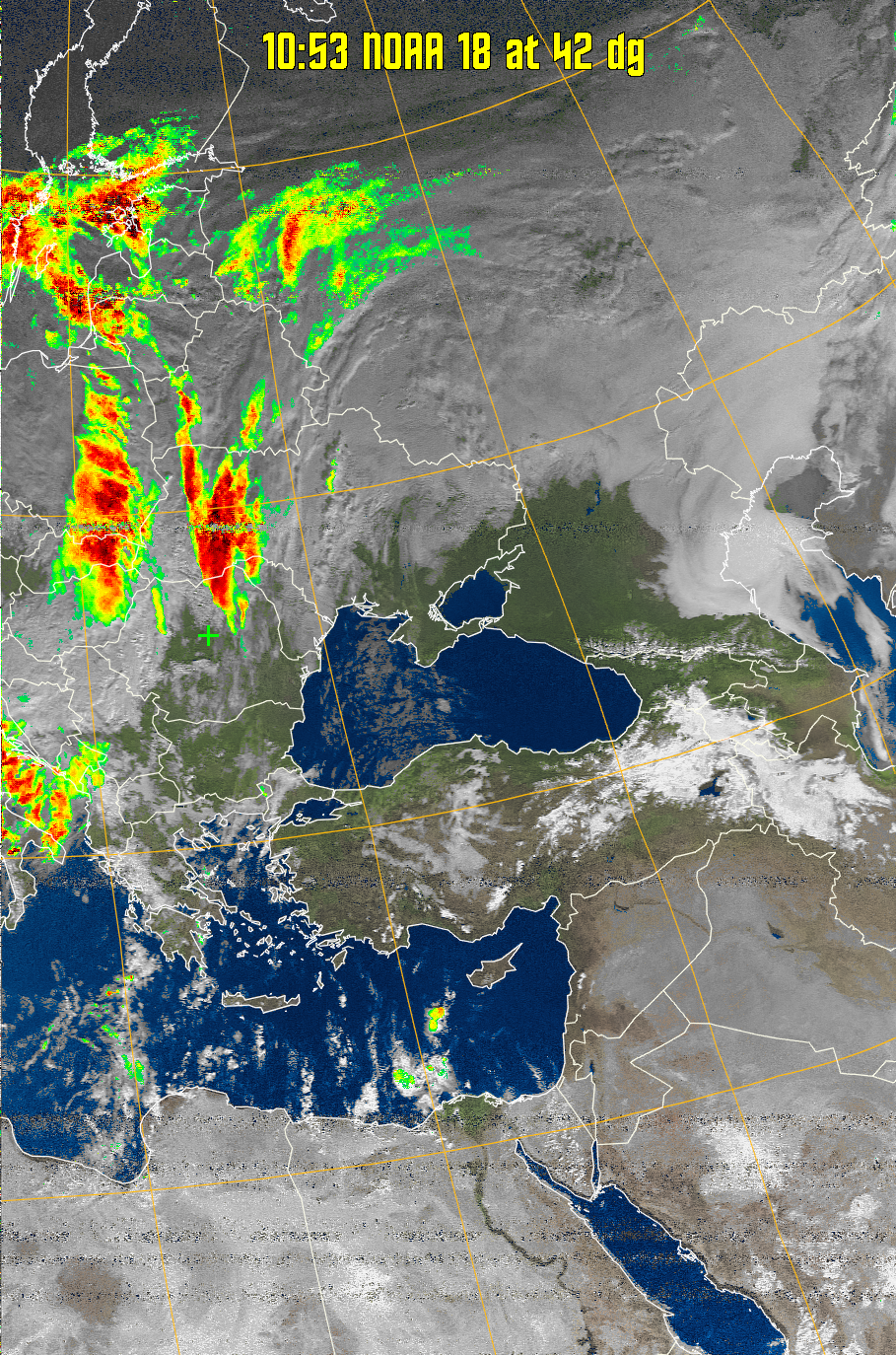 MSA-precip:
Same as MSA multispectral analysis, but high cold cloud tops are coloured the
same as the NO enhancement to give an approximate indication of the probability
and intensity of precipitation.