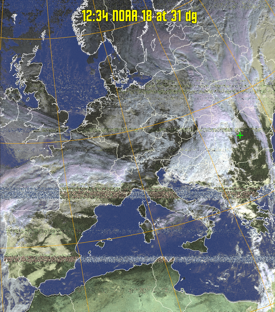 HVCT:
Similar to HVC, but with blue water and with colours more indicative of
land temperatures.
HVC:
Creates a false colour image from NOAA APT images based on temperature using
the HVC colour model. Uses the temperature derived from the sensor 4 image to
select the hue and the brightness from the histogram equalised other image to
select the value and chroma. The HVC colour model attempts to ensure that different colours at the same value will appear to the eye to be the same brightness
and the spacing between colours representing each degree will appear to the eye to
be similar. Bright areas are completely unsaturated in this model.