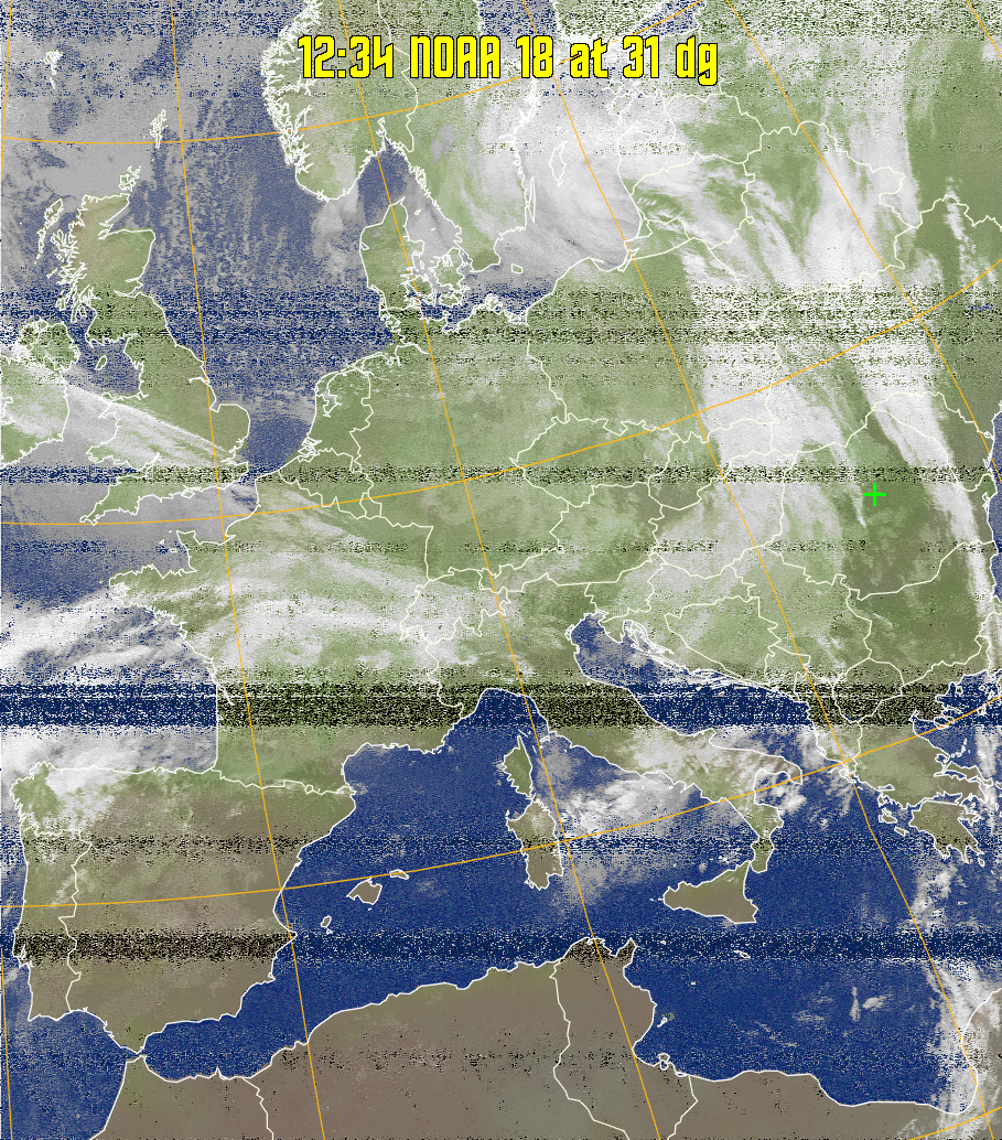 MCIR-precip: 
Colours the NOAA sensor 4 IR image using a map to colour the sea blue and land
green. High clouds appear white, lower clouds gray or land/sea coloured, clouds
generally appear lighter, but distinguishing between land/sea and low cloud may
be difficult. Darker colours indicate warmer regions.