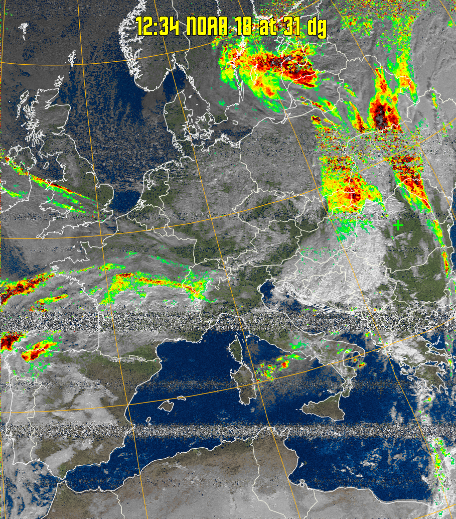 MSA-precip:
Same as MSA multispectral analysis, but high cold cloud tops are coloured the
same as the NO enhancement to give an approximate indication of the probability
and intensity of precipitation.