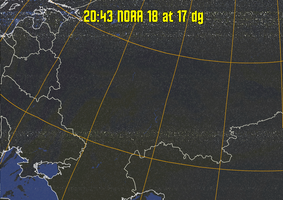 HVCT:
Similar to HVC, but with blue water and with colours more indicative of
land temperatures.
HVC:
Creates a false colour image from NOAA APT images based on temperature using
the HVC colour model. Uses the temperature derived from the sensor 4 image to
select the hue and the brightness from the histogram equalised other image to
select the value and chroma. The HVC colour model attempts to ensure that different colours at the same value will appear to the eye to be the same brightness
and the spacing between colours representing each degree will appear to the eye to
be similar. Bright areas are completely unsaturated in this model.