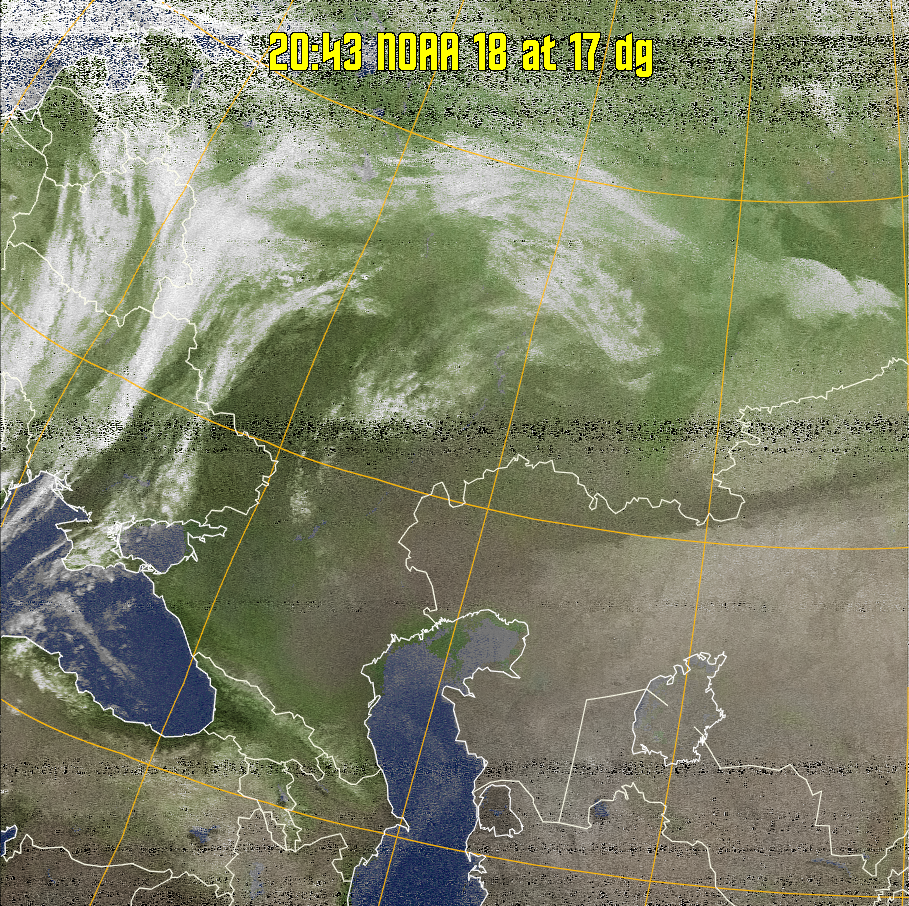 MCIR-precip: 
Colours the NOAA sensor 4 IR image using a map to colour the sea blue and land
green. High clouds appear white, lower clouds gray or land/sea coloured, clouds
generally appear lighter, but distinguishing between land/sea and low cloud may
be difficult. Darker colours indicate warmer regions.