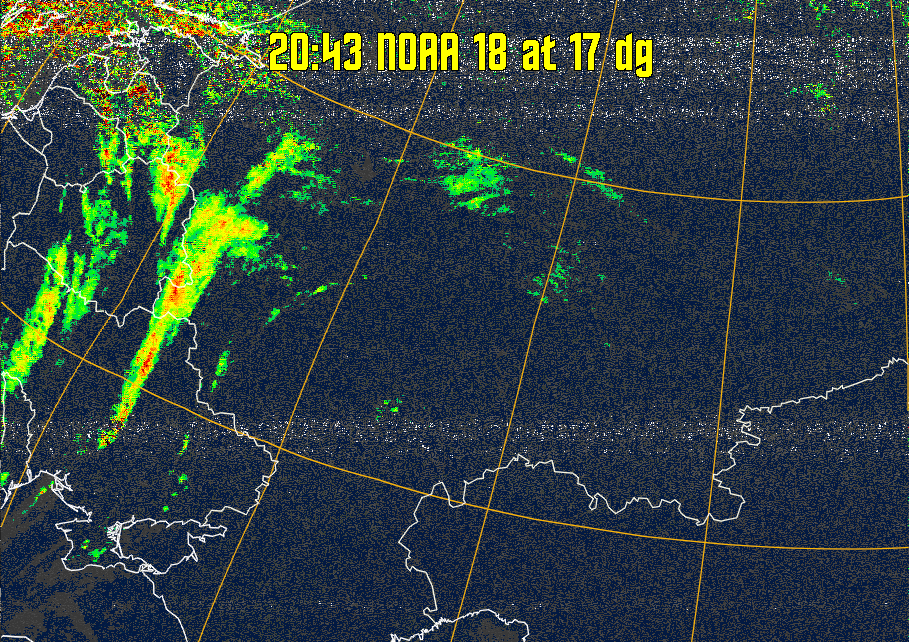 MSA-precip:
Same as MSA multispectral analysis, but high cold cloud tops are coloured the
same as the NO enhancement to give an approximate indication of the probability
and intensity of precipitation.