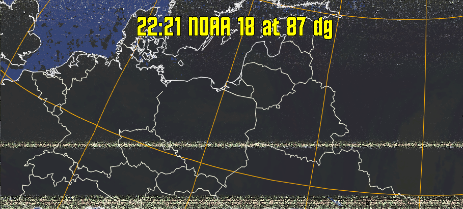 HVCT:
Similar to HVC, but with blue water and with colours more indicative of
land temperatures.
HVC:
Creates a false colour image from NOAA APT images based on temperature using
the HVC colour model. Uses the temperature derived from the sensor 4 image to
select the hue and the brightness from the histogram equalised other image to
select the value and chroma. The HVC colour model attempts to ensure that different colours at the same value will appear to the eye to be the same brightness
and the spacing between colours representing each degree will appear to the eye to
be similar. Bright areas are completely unsaturated in this model.