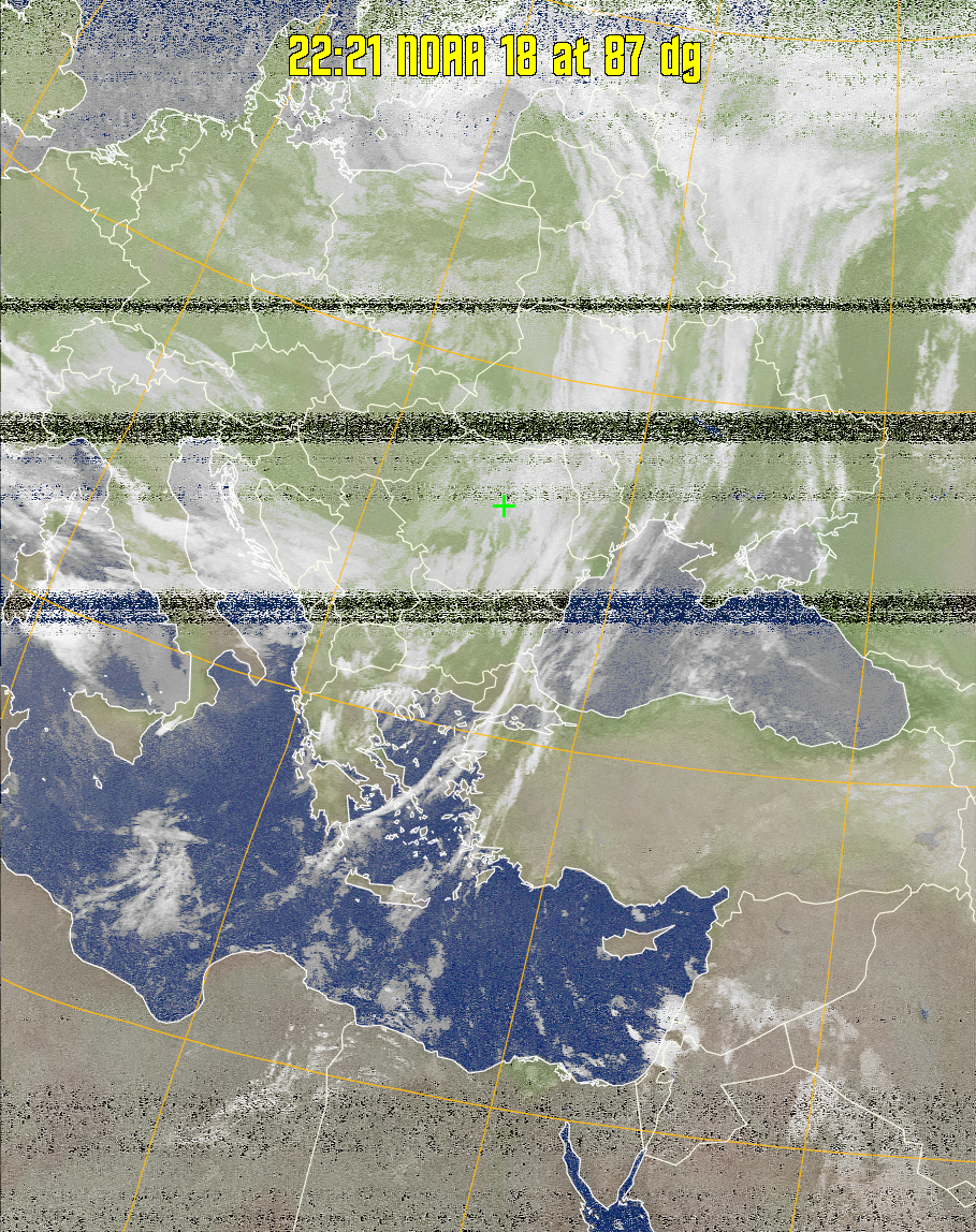 MCIR-precip: 
Colours the NOAA sensor 4 IR image using a map to colour the sea blue and land
green. High clouds appear white, lower clouds gray or land/sea coloured, clouds
generally appear lighter, but distinguishing between land/sea and low cloud may
be difficult. Darker colours indicate warmer regions.