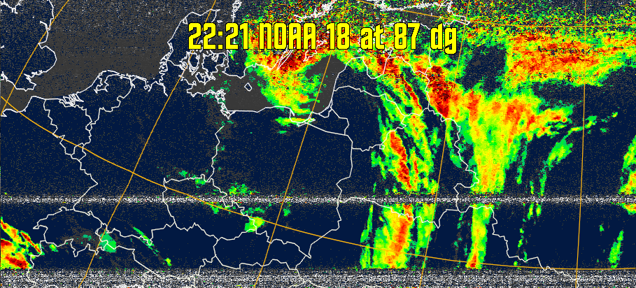 MSA-precip:
Same as MSA multispectral analysis, but high cold cloud tops are coloured the
same as the NO enhancement to give an approximate indication of the probability
and intensity of precipitation.