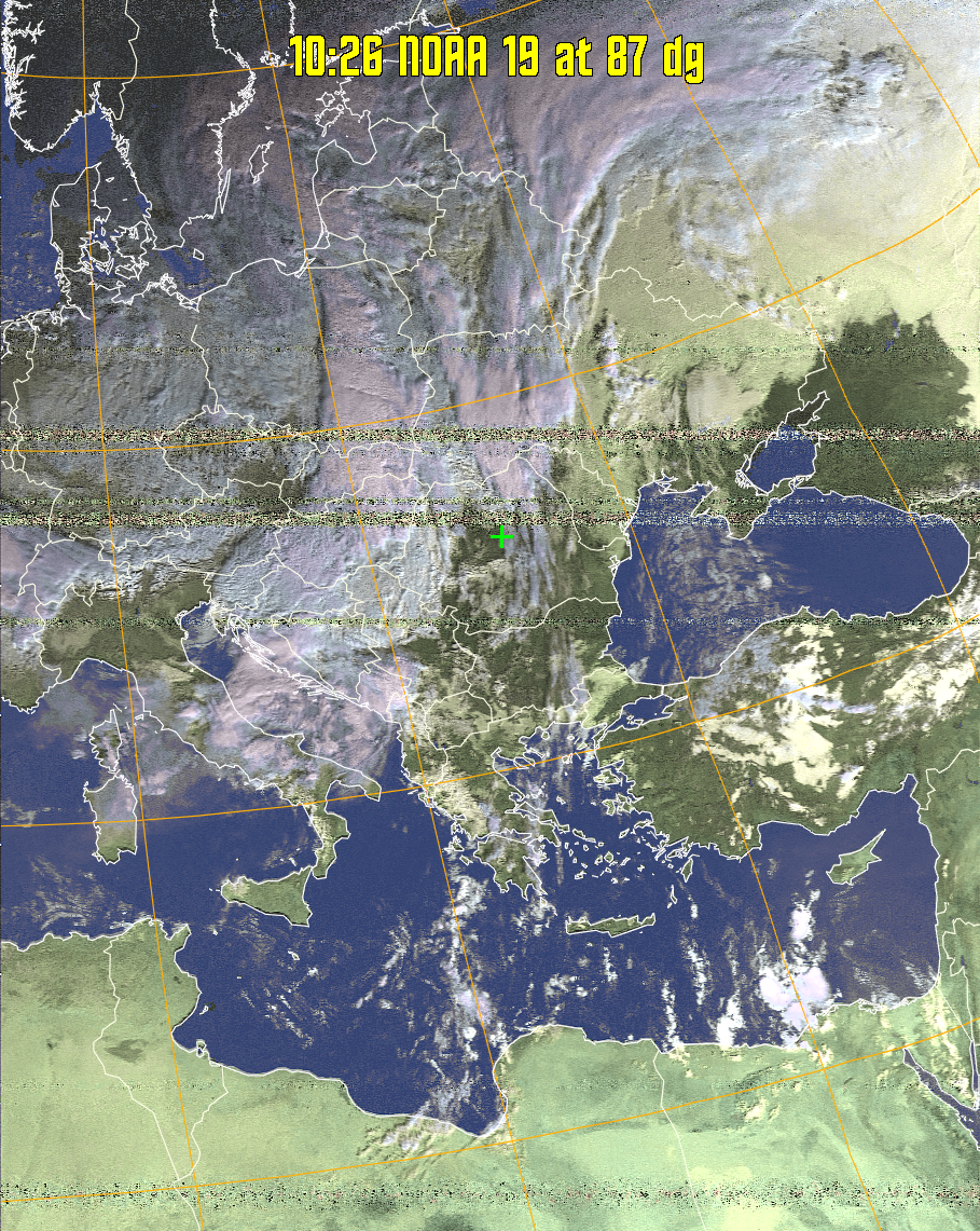 HVCT:
Similar to HVC, but with blue water and with colours more indicative of
land temperatures.
HVC:
Creates a false colour image from NOAA APT images based on temperature using
the HVC colour model. Uses the temperature derived from the sensor 4 image to
select the hue and the brightness from the histogram equalised other image to
select the value and chroma. The HVC colour model attempts to ensure that different colours at the same value will appear to the eye to be the same brightness
and the spacing between colours representing each degree will appear to the eye to
be similar. Bright areas are completely unsaturated in this model.