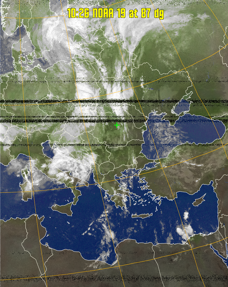 MCIR-precip: 
Colours the NOAA sensor 4 IR image using a map to colour the sea blue and land
green. High clouds appear white, lower clouds gray or land/sea coloured, clouds
generally appear lighter, but distinguishing between land/sea and low cloud may
be difficult. Darker colours indicate warmer regions.