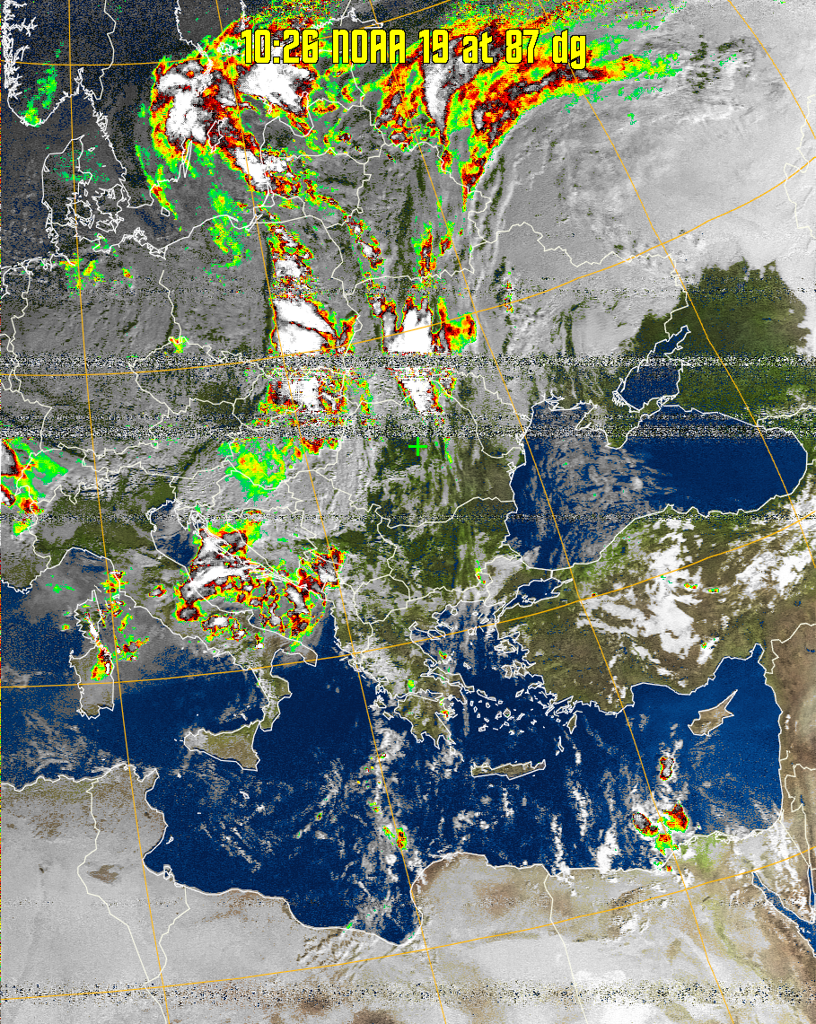 MSA-precip:
Same as MSA multispectral analysis, but high cold cloud tops are coloured the
same as the NO enhancement to give an approximate indication of the probability
and intensity of precipitation.