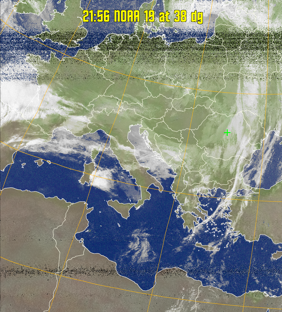 MCIR-precip: 
Colours the NOAA sensor 4 IR image using a map to colour the sea blue and land
green. High clouds appear white, lower clouds gray or land/sea coloured, clouds
generally appear lighter, but distinguishing between land/sea and low cloud may
be difficult. Darker colours indicate warmer regions.