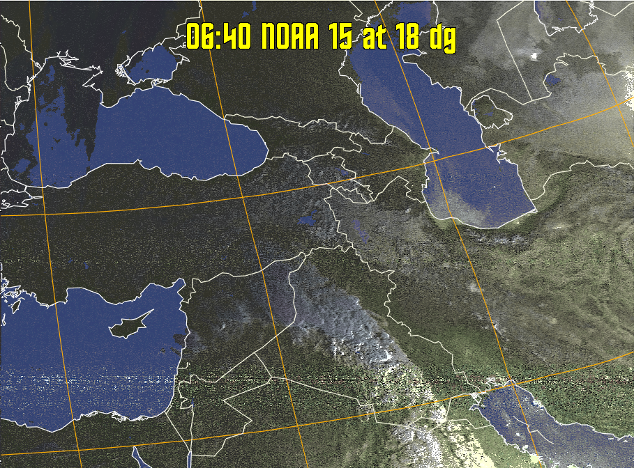 HVCT:
Similar to HVC, but with blue water and with colours more indicative of
land temperatures.
HVC:
Creates a false colour image from NOAA APT images based on temperature using
the HVC colour model. Uses the temperature derived from the sensor 4 image to
select the hue and the brightness from the histogram equalised other image to
select the value and chroma. The HVC colour model attempts to ensure that different colours at the same value will appear to the eye to be the same brightness
and the spacing between colours representing each degree will appear to the eye to
be similar. Bright areas are completely unsaturated in this model.