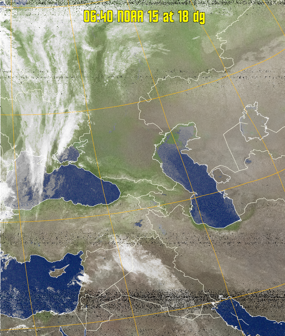 MCIR-precip: 
Colours the NOAA sensor 4 IR image using a map to colour the sea blue and land
green. High clouds appear white, lower clouds gray or land/sea coloured, clouds
generally appear lighter, but distinguishing between land/sea and low cloud may
be difficult. Darker colours indicate warmer regions.