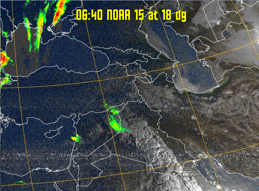 MSA-precip:
Same as MSA multispectral analysis, but high cold cloud tops are coloured the
same as the NO enhancement to give an approximate indication of the probability
and intensity of precipitation.