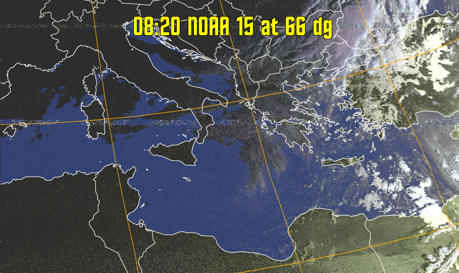 HVCT:
Similar to HVC, but with blue water and with colours more indicative of
land temperatures.
HVC:
Creates a false colour image from NOAA APT images based on temperature using
the HVC colour model. Uses the temperature derived from the sensor 4 image to
select the hue and the brightness from the histogram equalised other image to
select the value and chroma. The HVC colour model attempts to ensure that different colours at the same value will appear to the eye to be the same brightness
and the spacing between colours representing each degree will appear to the eye to
be similar. Bright areas are completely unsaturated in this model.