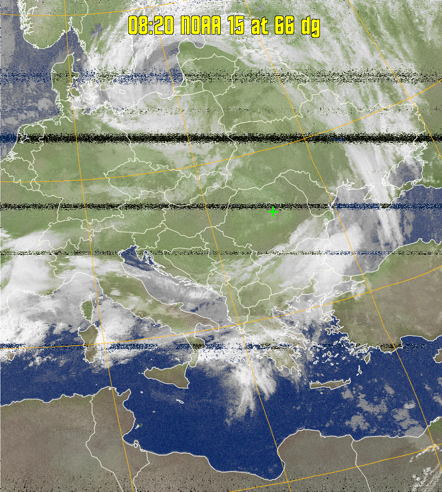 MCIR-precip: 
Colours the NOAA sensor 4 IR image using a map to colour the sea blue and land
green. High clouds appear white, lower clouds gray or land/sea coloured, clouds
generally appear lighter, but distinguishing between land/sea and low cloud may
be difficult. Darker colours indicate warmer regions.