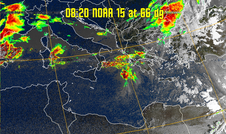 MSA-precip:
Same as MSA multispectral analysis, but high cold cloud tops are coloured the
same as the NO enhancement to give an approximate indication of the probability
and intensity of precipitation.