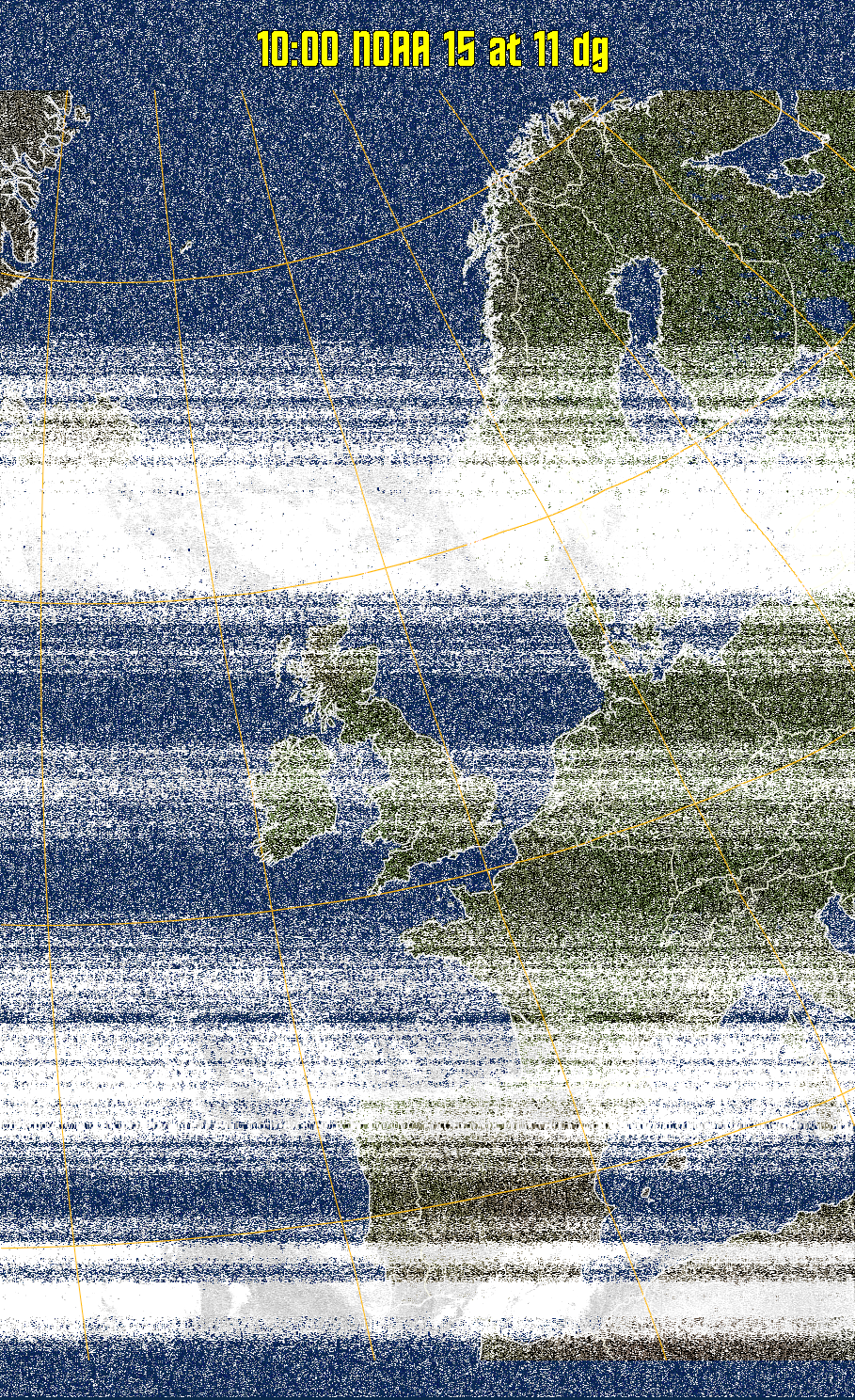 MCIR-precip: 
Colours the NOAA sensor 4 IR image using a map to colour the sea blue and land
green. High clouds appear white, lower clouds gray or land/sea coloured, clouds
generally appear lighter, but distinguishing between land/sea and low cloud may
be difficult. Darker colours indicate warmer regions.